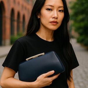 Vintage 50’s-60’s Navy Blue Trapezoid Dorris Day Clutch With Gold Hardware